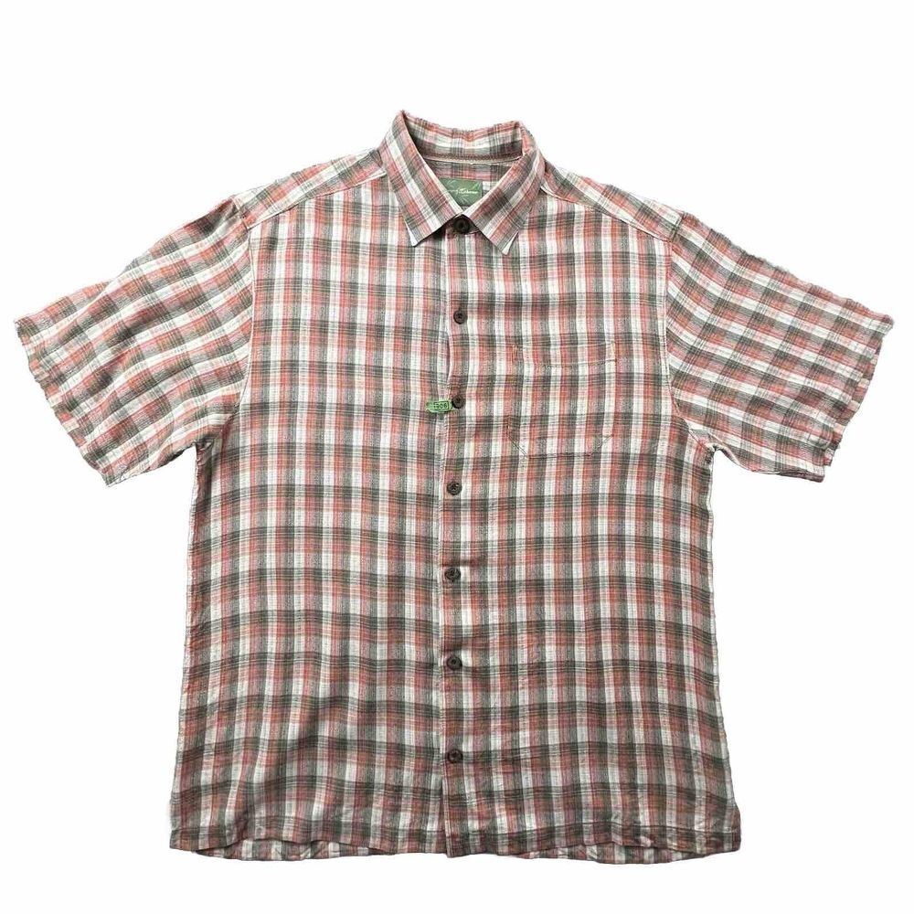 Tommy Bahama Shirt Mens Large Orange Grn Plaid 100% Silk Short Sleeve Button Up‎